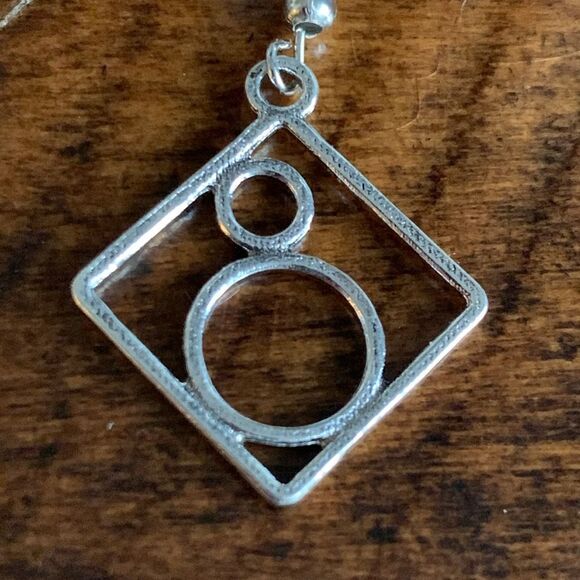 Geometric Square & Circle Dangle Earrings - Aged Silver Finish, Vintage Style - Picture 4 of 9